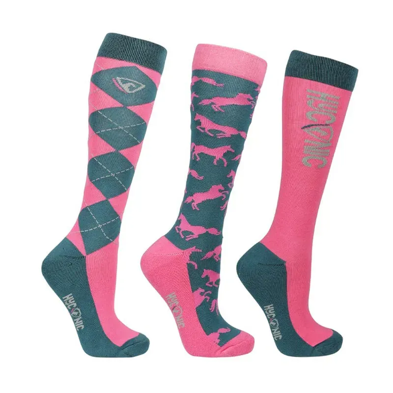 Hy Equestrian Pack Of 3 Adult 4-8 HYCONIC Pattern Socks in Navy/Pink