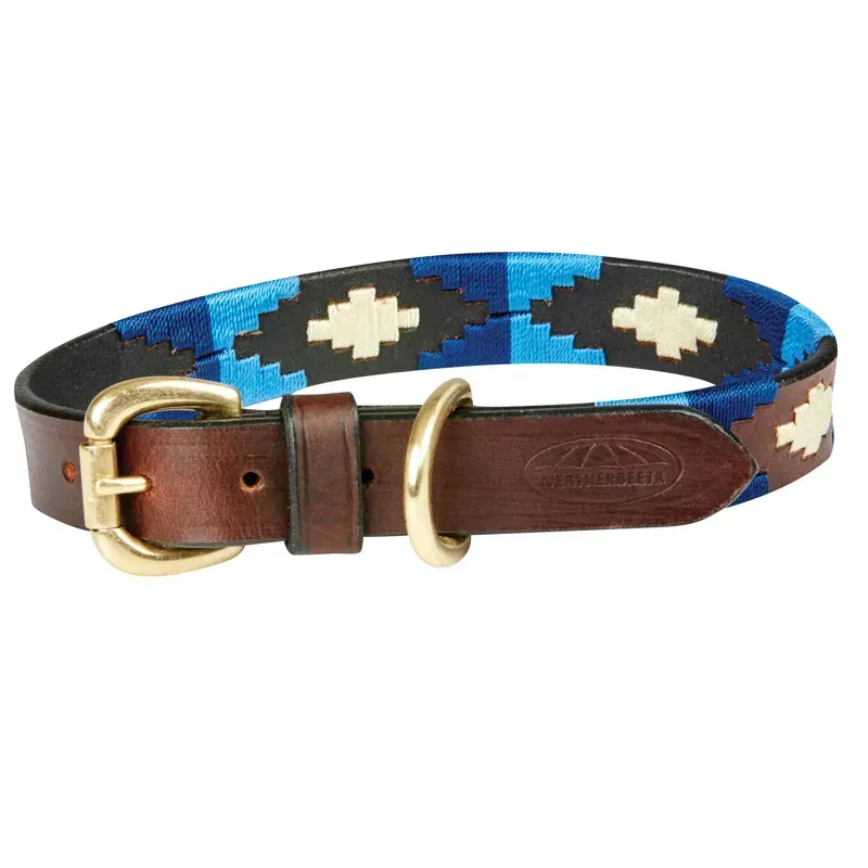 WeatherBeeta Polo Leather Dog Collar in Cowdray Brown/Blue/Blue