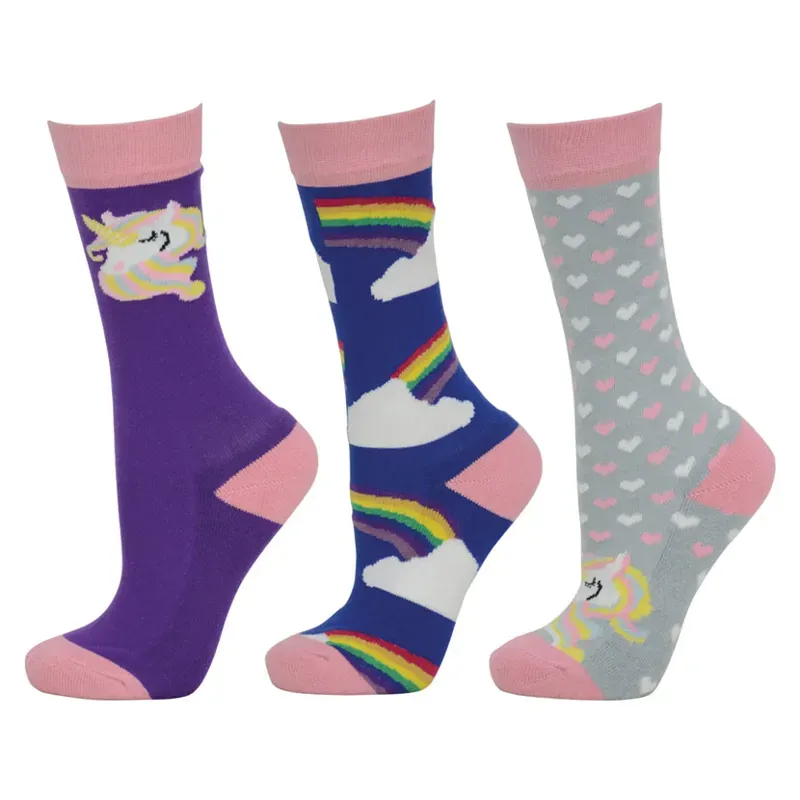 Hy Equestrian Unicorn Socks (Pack Of 3) - - Adult 4- 8 Pink/Grey/Purple adult 4-8