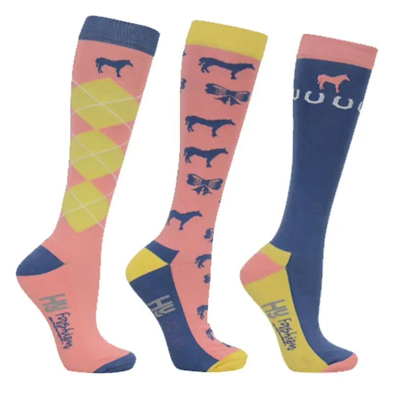 Hy Equestrian Newmarket Horse Print 3-pack Socks in Yellow/Coral/Blue