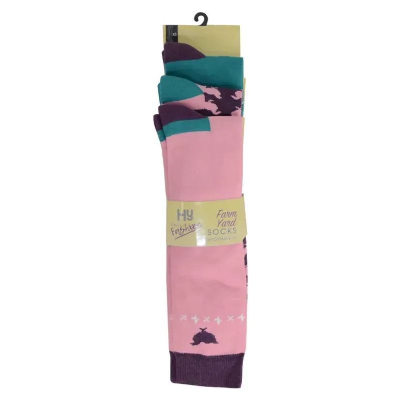 Hy Equestrian Farm Yard 3-pack Socks in Plum/Pink/Green/White